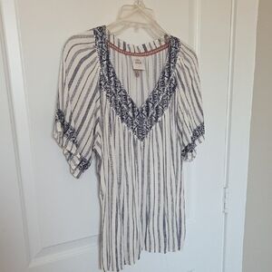 Flowy Striped V-Neck Blouse With Embroidery